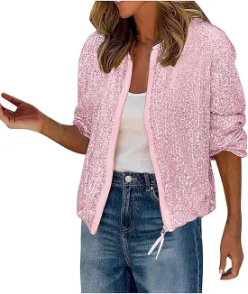 Sequin Jackets for Women Casual Sparkly Zip Up Bomber Jacket Dressy Glitter Loose Coat Outerwear Blazer Party Outfit