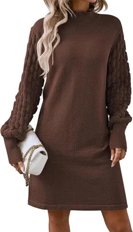 Sovoyontee Women's 2024 Fall Long Sleeve Mock Neck Sweater Dress Casual Loose Ribbed Knit Mini Short Pullover Dresses