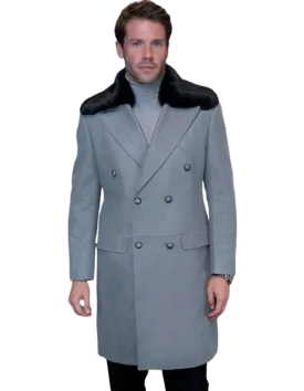 Statement Men's Double Breasted Gray Overcoat  With Fur Regular-Fit