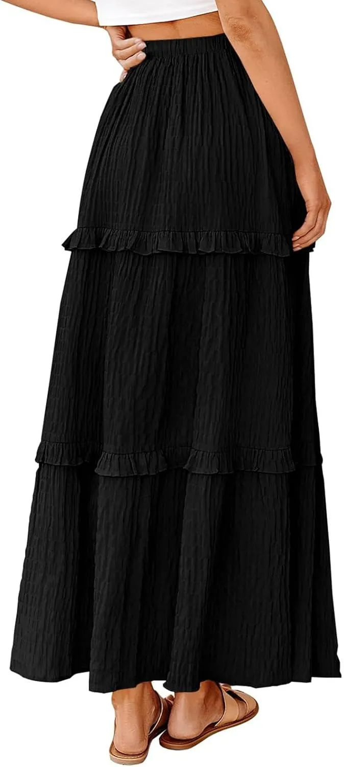Summer Maxi Skirts for Women Casual High Waisted Drawstring Skirts Elegant Flowy Tiered Ruffle Hem A Line Long Skirt