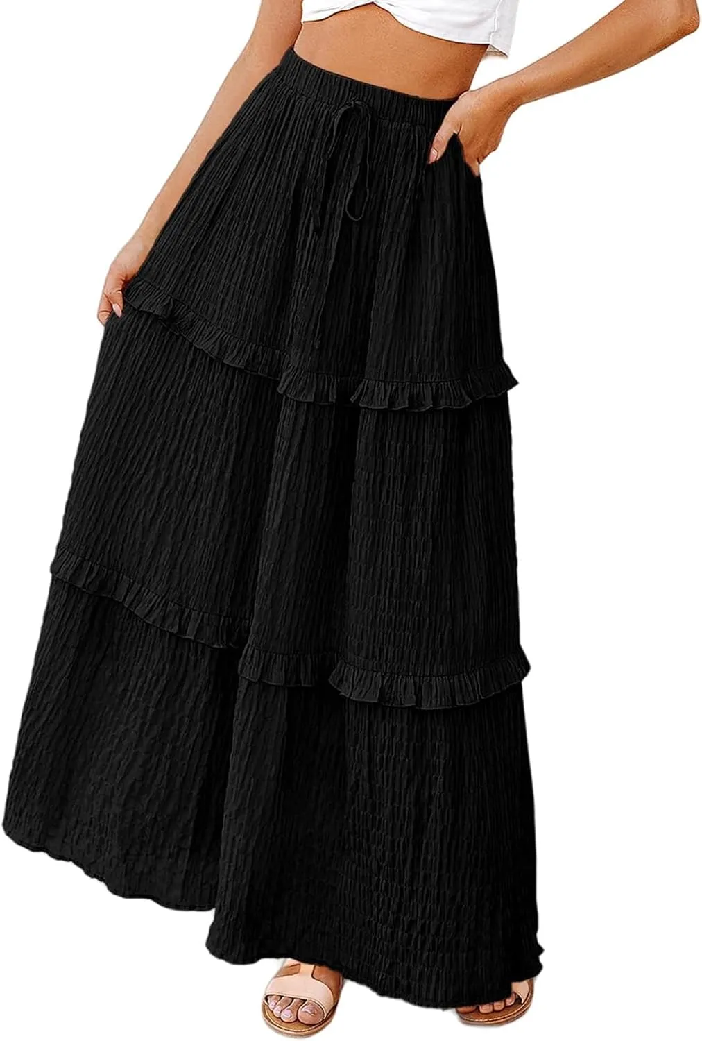 Summer Maxi Skirts for Women Casual High Waisted Drawstring Skirts Elegant Flowy Tiered Ruffle Hem A Line Long Skirt