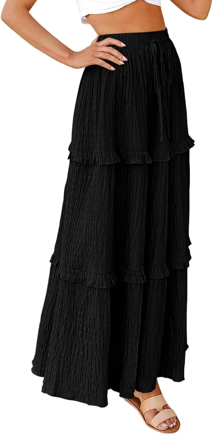 Summer Maxi Skirts for Women Casual High Waisted Drawstring Skirts Elegant Flowy Tiered Ruffle Hem A Line Long Skirt