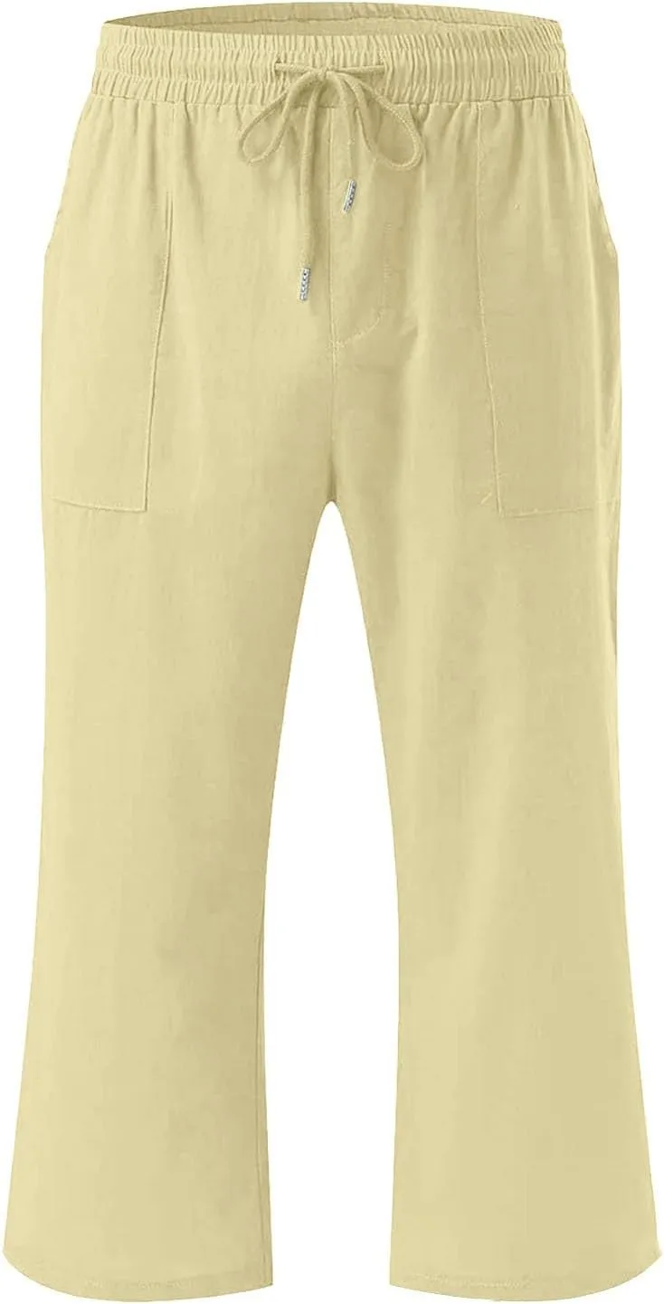 Teen Girls Cotton Linen High Waist Pants Kids Summer Cropped Preppy Sweatpants Cozy Lightweight Baggy 3/4 Trousers