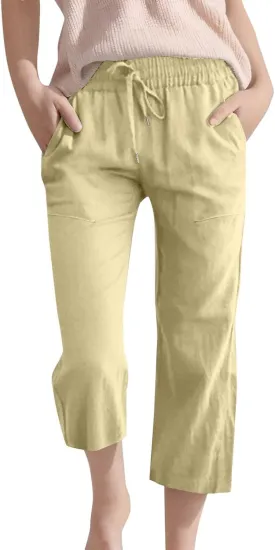 Teen Girls Cotton Linen High Waist Pants Kids Summer Cropped Preppy Sweatpants Cozy Lightweight Baggy 3/4 Trousers