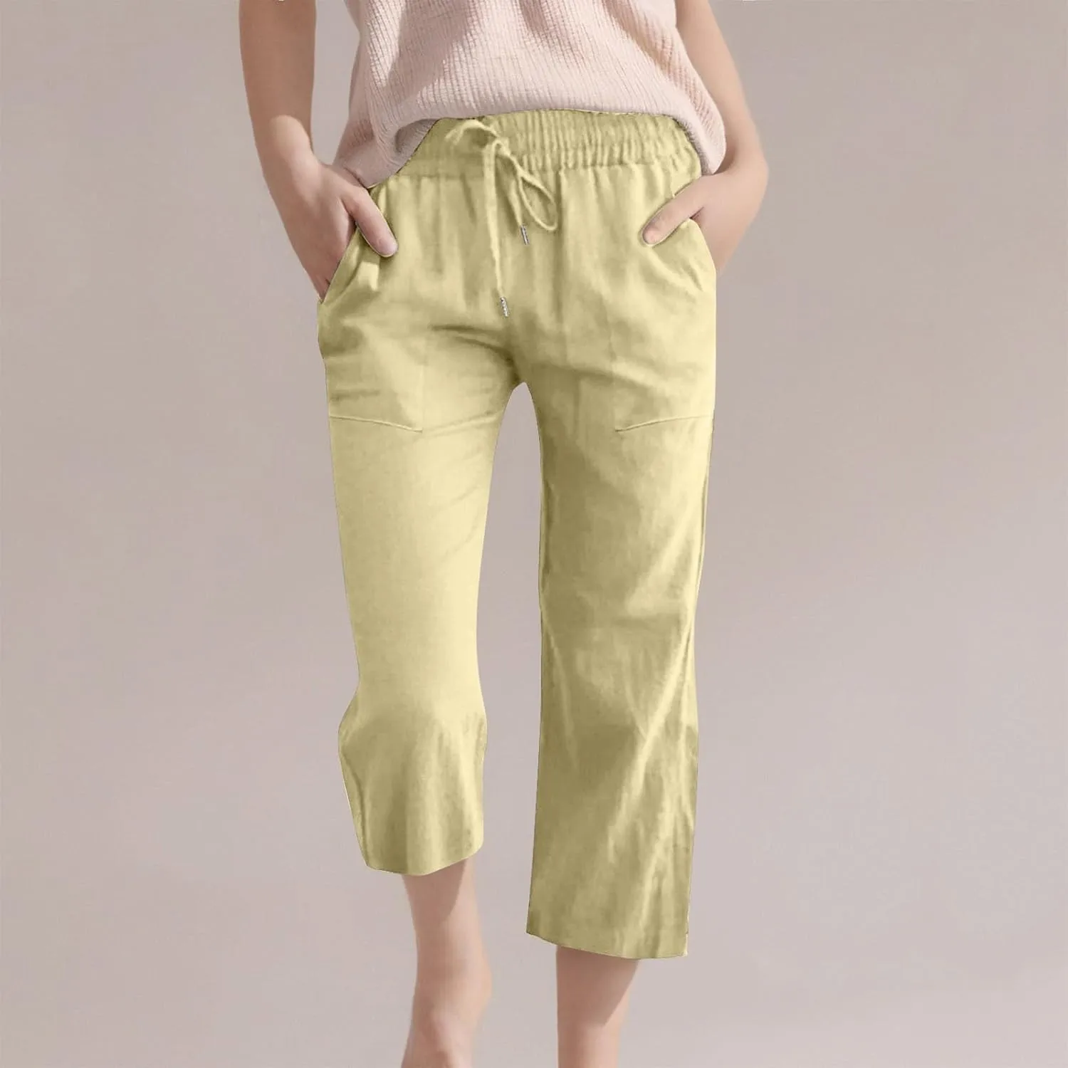 Teen Girls Cotton Linen High Waist Pants Kids Summer Cropped Preppy Sweatpants Cozy Lightweight Baggy 3/4 Trousers