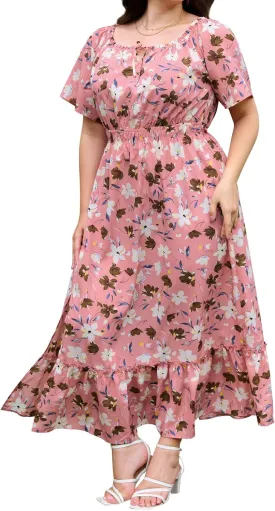 Theenkoln Womens Plus Size Dresses Floral Print Short Sleeve Square Neck Tie Front Slit Hem Maxi Dresses with Pockets
