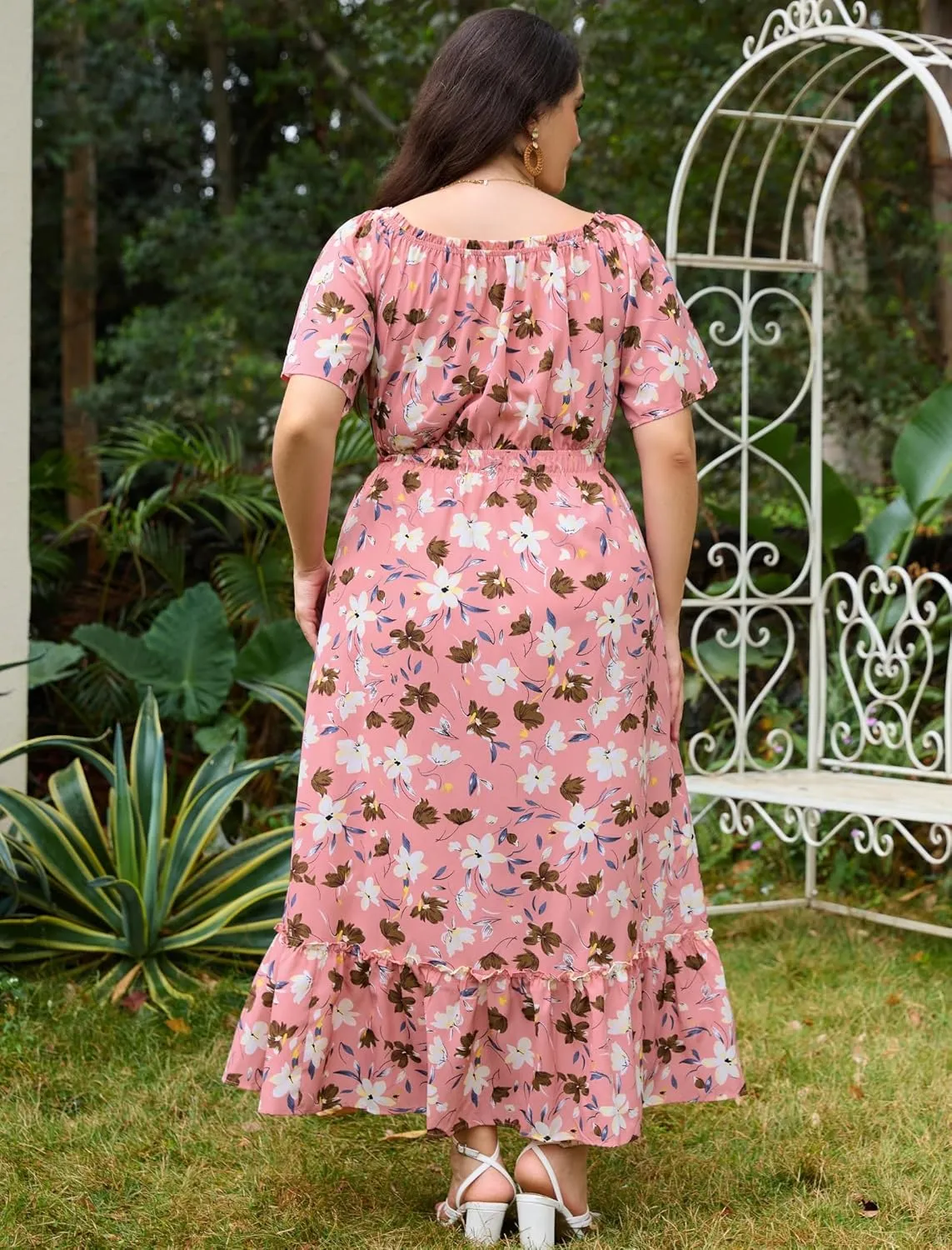 Theenkoln Womens Plus Size Dresses Floral Print Short Sleeve Square Neck Tie Front Slit Hem Maxi Dresses with Pockets