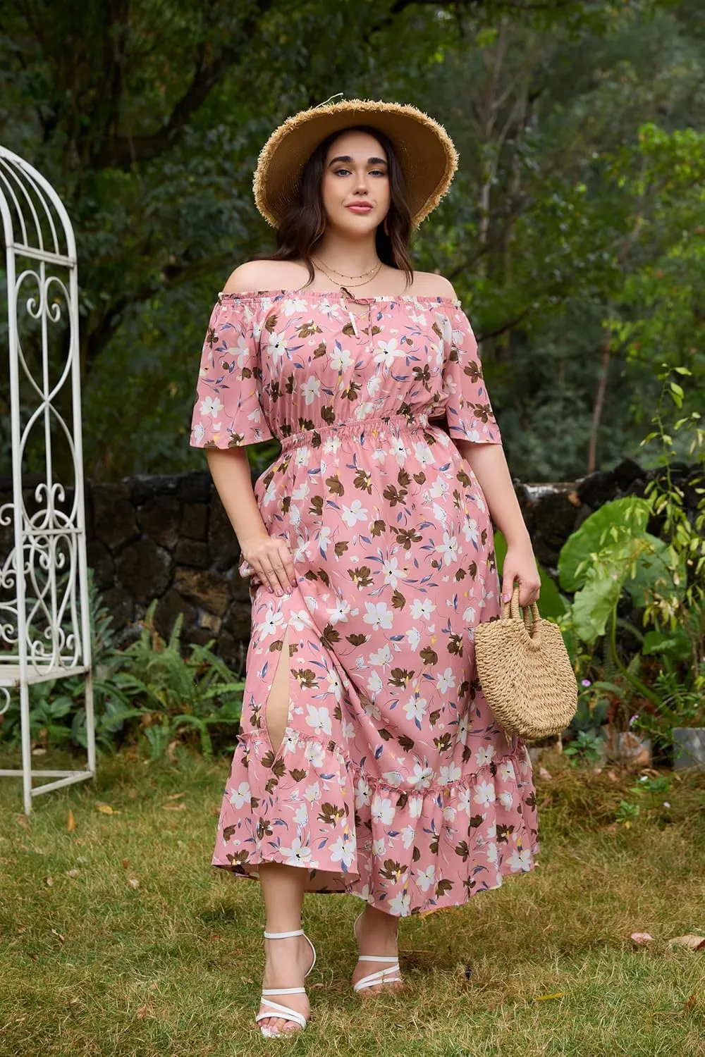 Theenkoln Womens Plus Size Dresses Floral Print Short Sleeve Square Neck Tie Front Slit Hem Maxi Dresses with Pockets