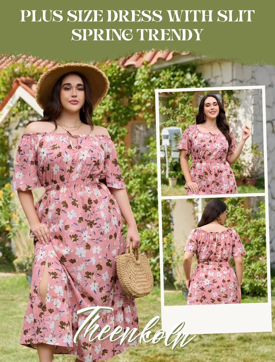 Theenkoln Womens Plus Size Dresses Floral Print Short Sleeve Square Neck Tie Front Slit Hem Maxi Dresses with Pockets