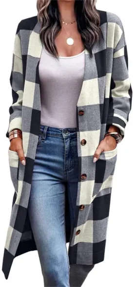 Wankang Long Flannel Jacket Women Oversized Lapel Button Up Long Sleeve Plaid Shirt Jacket Shacket Casual Tartan Trench Coat