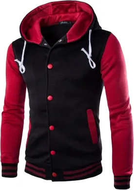 Wankang Mens Hoodie Baseball Jacket Button Down Varsity Jacket Hooded Lightweight Letterman Bomber jacket Coats for Men