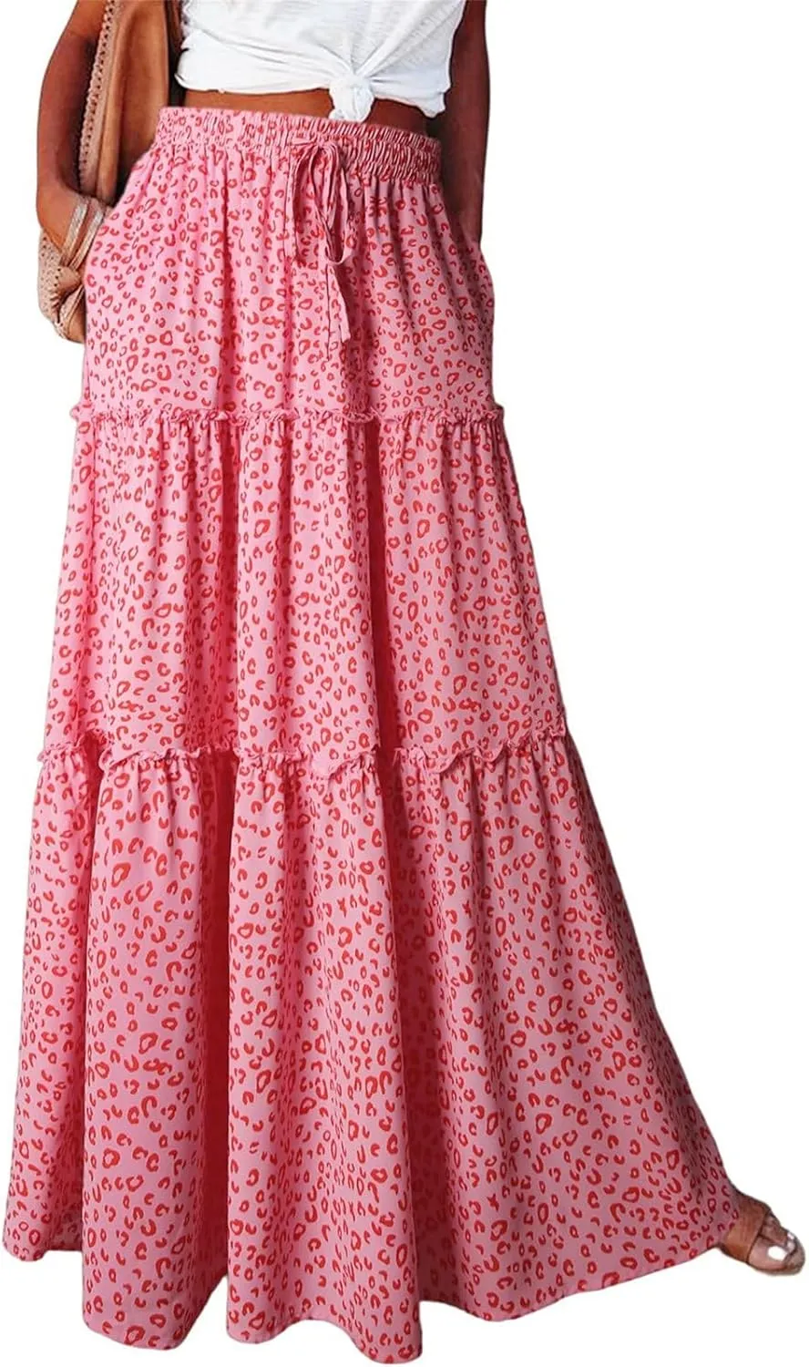 Womens Boho Maxi Skirts Summer Floral Print Elastic High Waisted Skorts Casual Flowy Tiered Ruffle Hem Long Skirts