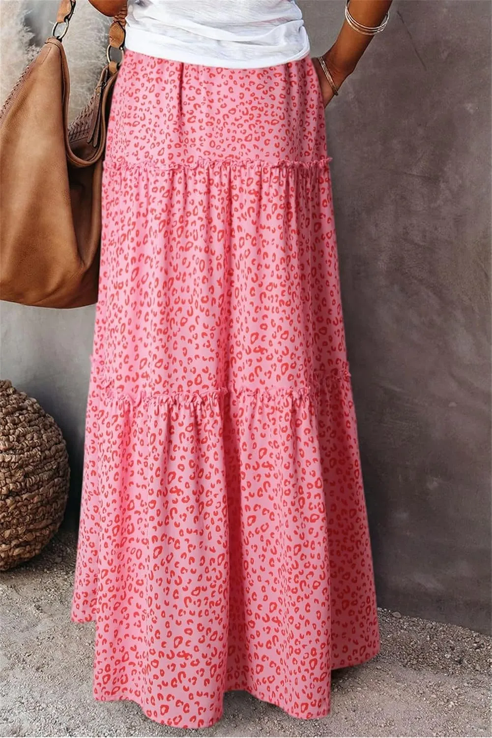 Womens Boho Maxi Skirts Summer Floral Print Elastic High Waisted Skorts Casual Flowy Tiered Ruffle Hem Long Skirts