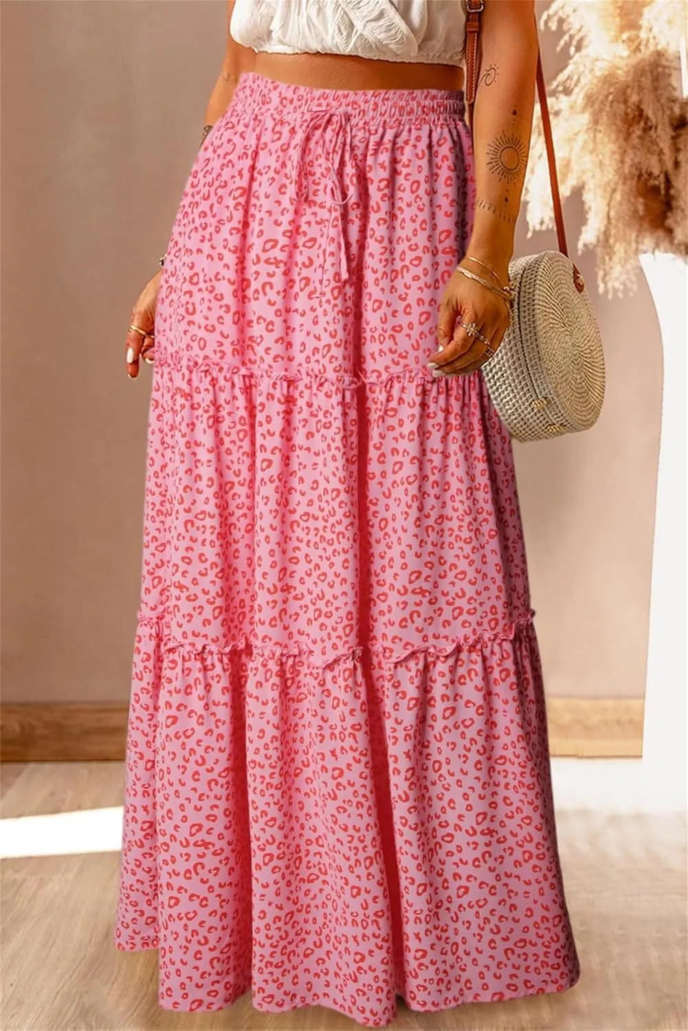 Womens Boho Maxi Skirts Summer Floral Print Elastic High Waisted Skorts Casual Flowy Tiered Ruffle Hem Long Skirts
