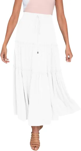 Women's Boho Maxi Skirts Summer Flowy Drawstring High Waisted Skirt Casual Solid Color Ruffle Hem A Line Long Skort