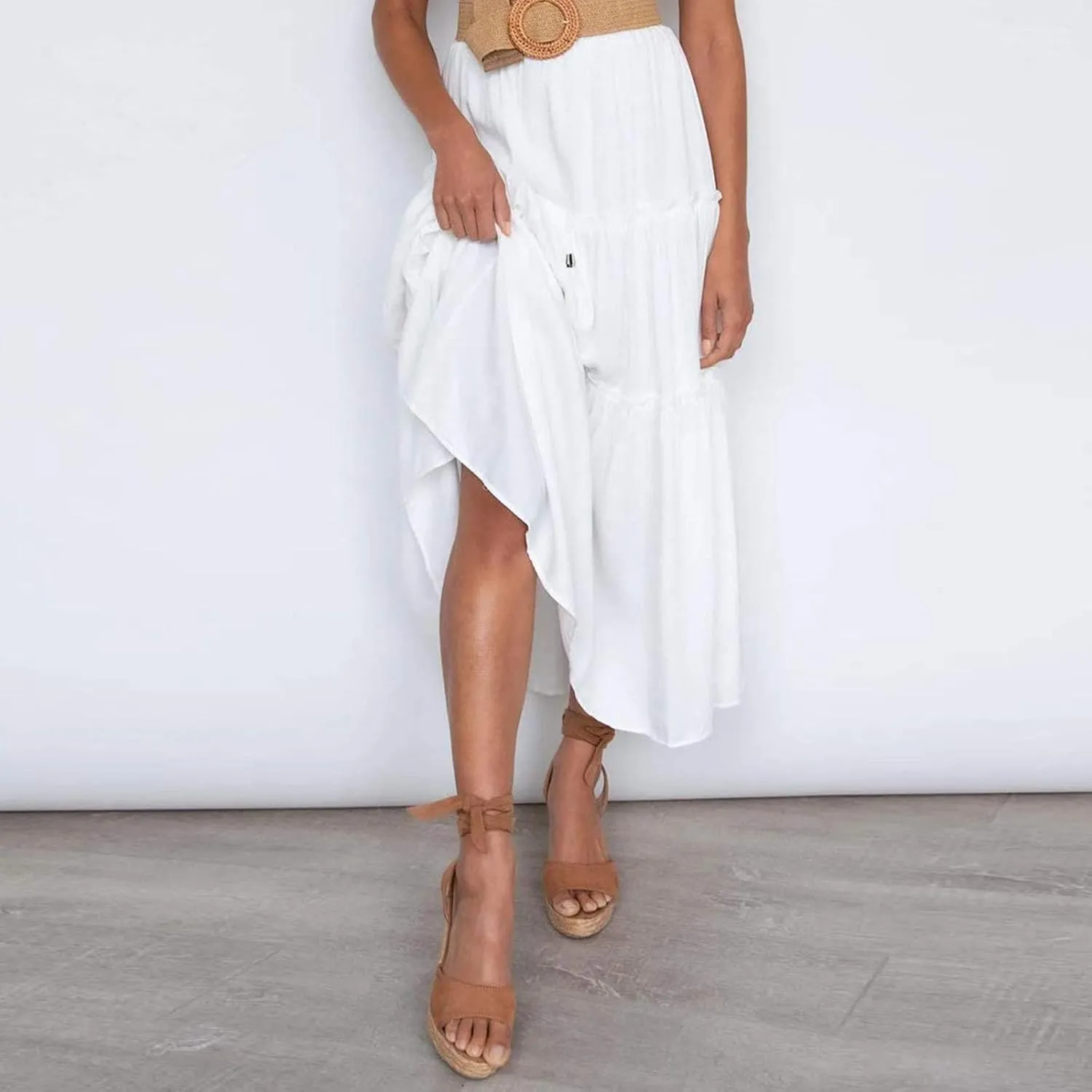 Women's Boho Maxi Skirts Summer Flowy Drawstring High Waisted Skirt Casual Solid Color Ruffle Hem A Line Long Skort