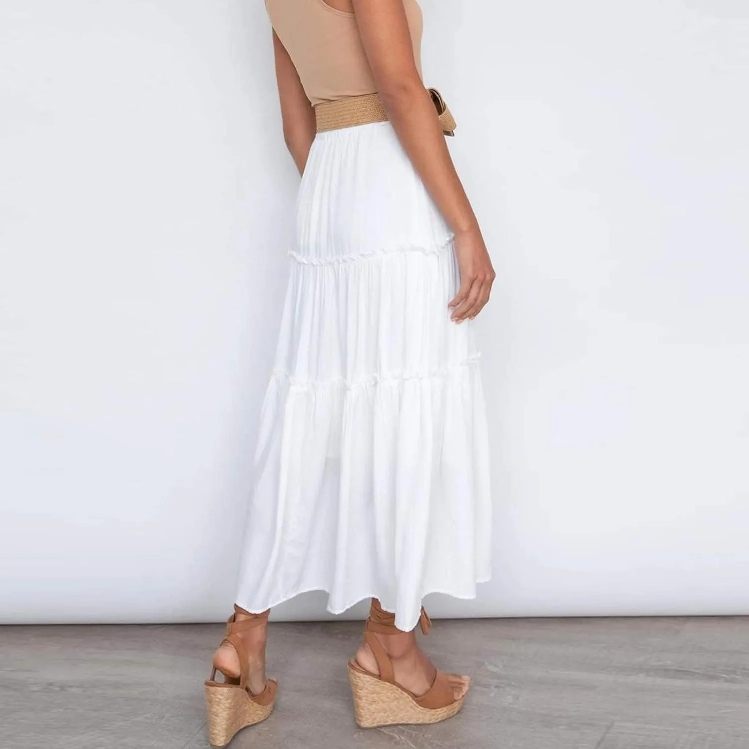 Women's Boho Maxi Skirts Summer Flowy Drawstring High Waisted Skirt Casual Solid Color Ruffle Hem A Line Long Skort