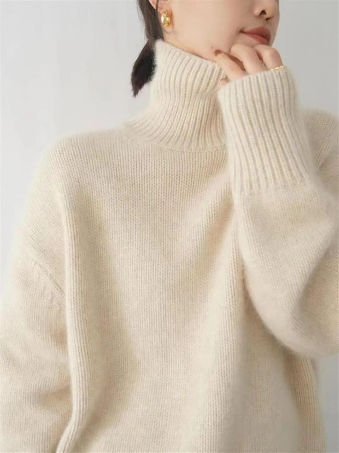 Women's Cropped Turtleneck Sweater Solid Color Long Sleeve Loose Rib Knit Pullover Lazy Style