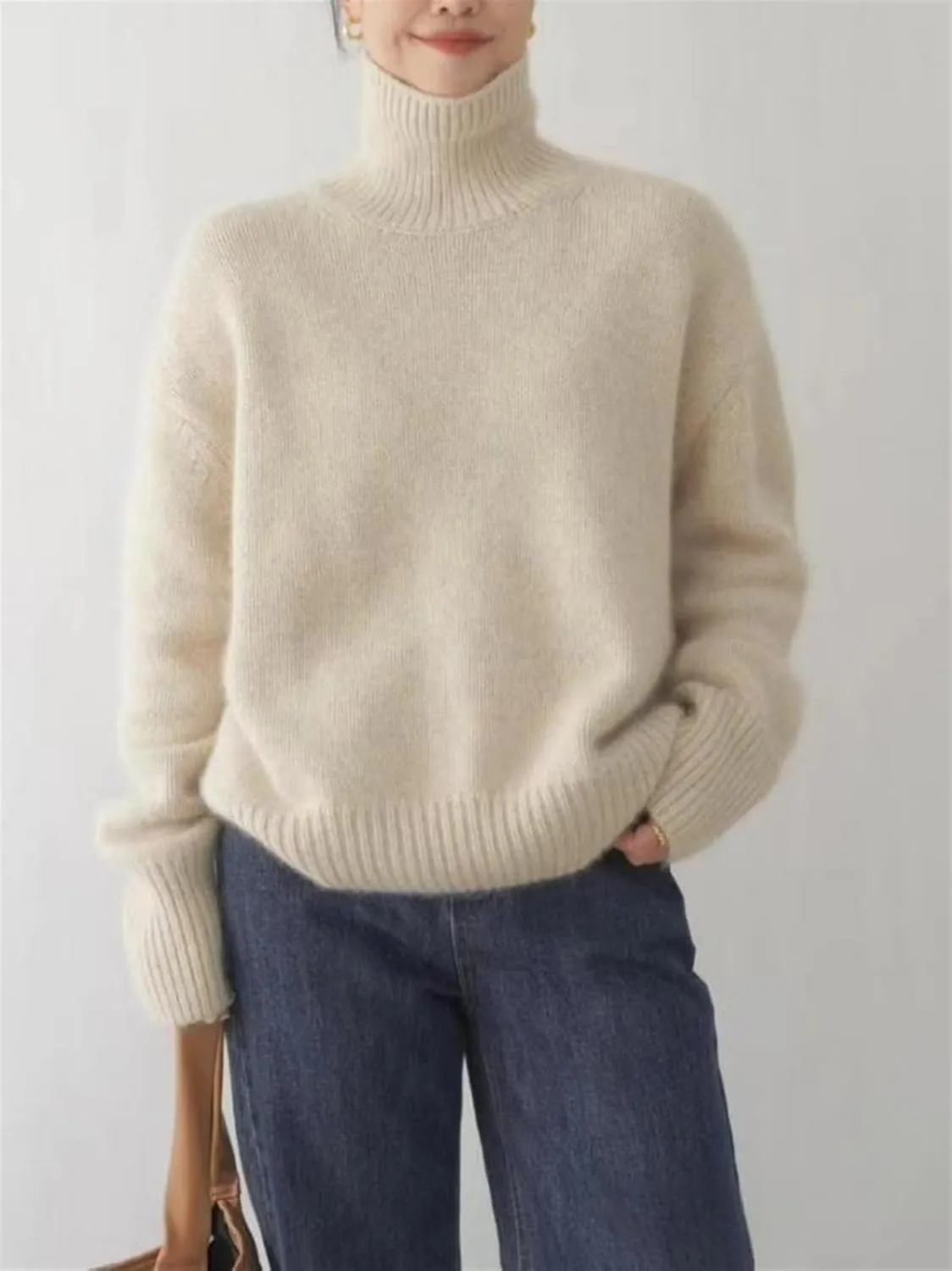 Women's Cropped Turtleneck Sweater Solid Color Long Sleeve Loose Rib Knit Pullover Lazy Style