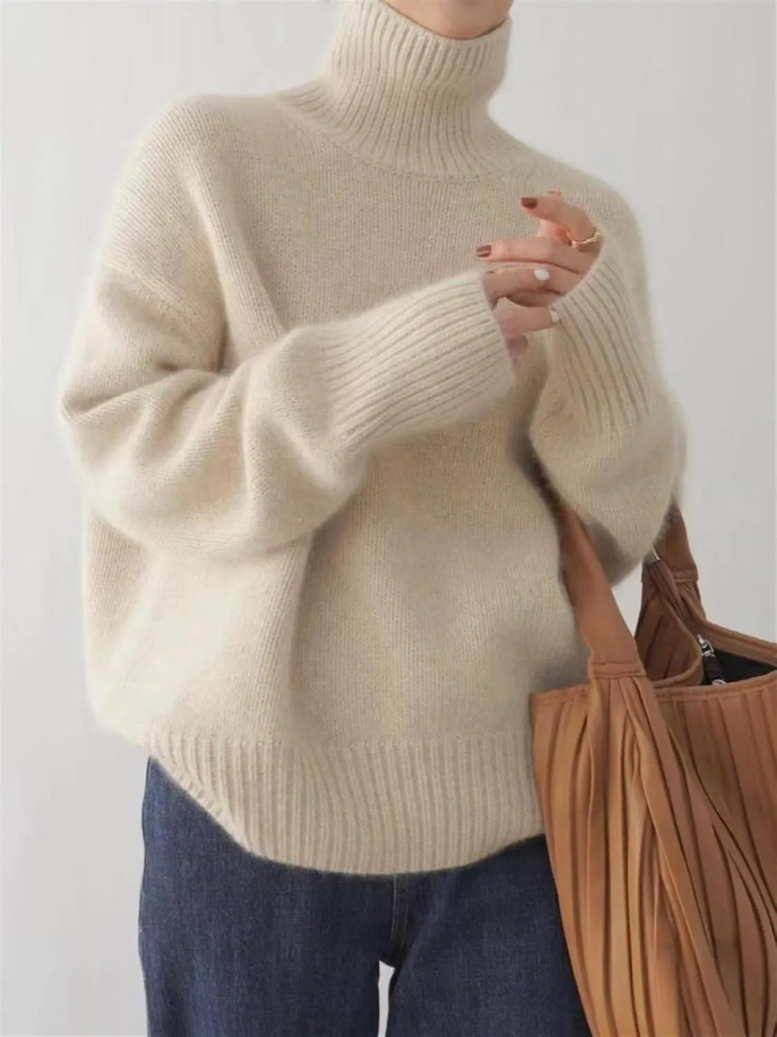 Women's Cropped Turtleneck Sweater Solid Color Long Sleeve Loose Rib Knit Pullover Lazy Style