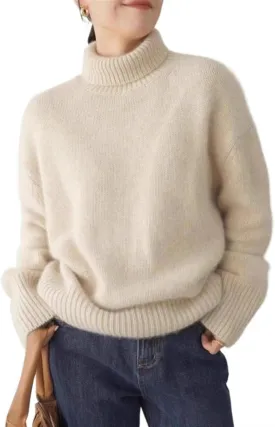 Women's Cropped Turtleneck Sweater Solid Color Long Sleeve Loose Rib Knit Pullover Lazy Style