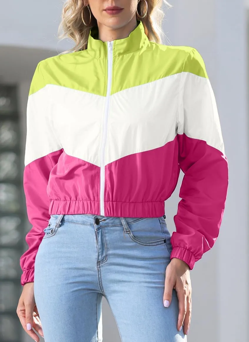 Womens Lightweight Windbreaker Sport Jacket Zip Up Color Block Coat Casual Long Sleeve Jogging Outerwear