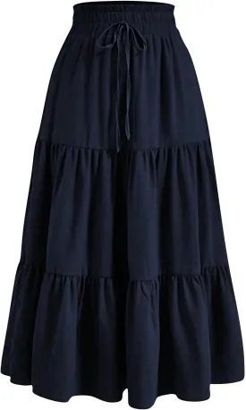 Womens Maxi Skirt Drawstring High Waisted Summer Long Skirts Lightweight Tiered Flowy Floral Pleated Skirts w/Pockets