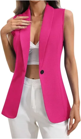 Women's Sleeveless Blazers Open Front Casual Blazer Vests Solid Deep V-Neck Single Button Lightweight Blazer Jackets