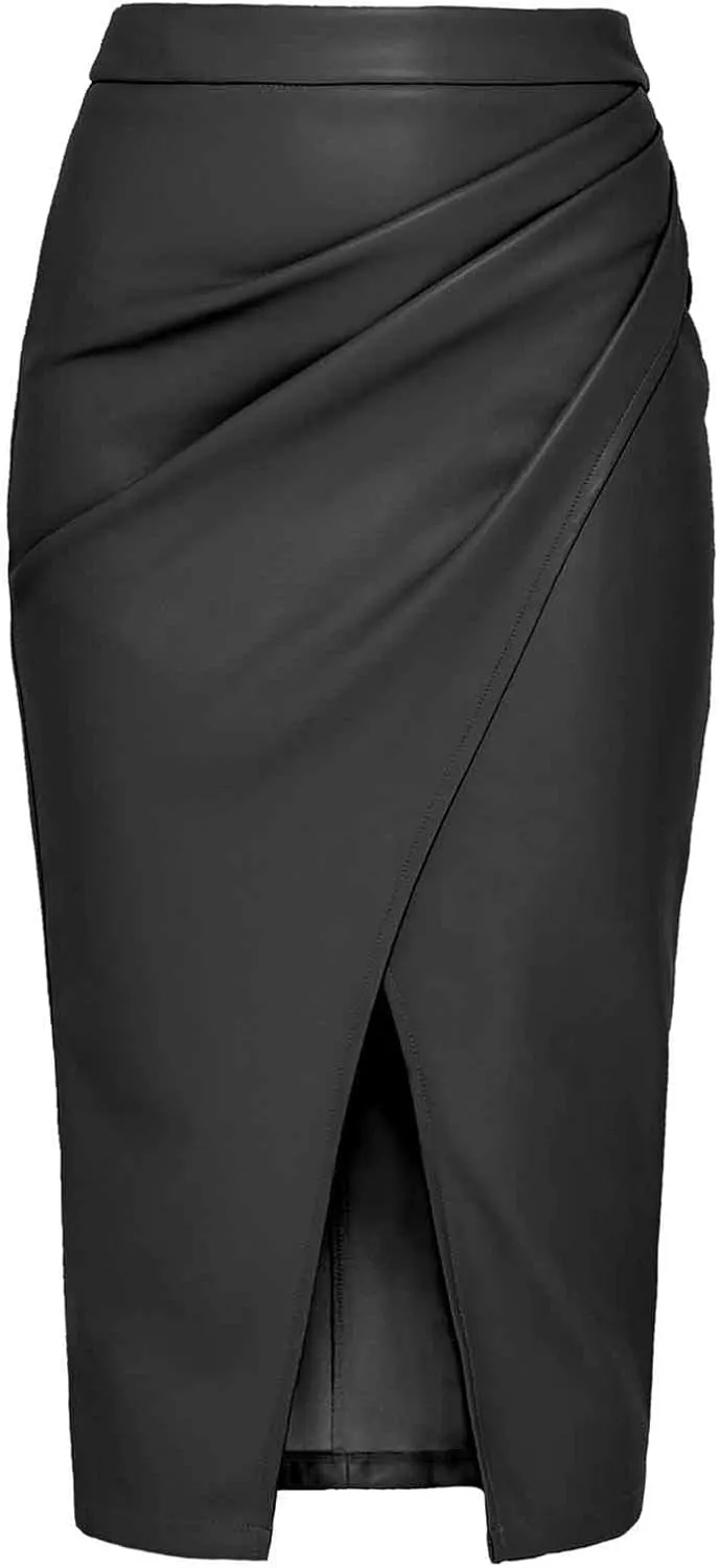 Women's Vintage Faux Leather Midi Skirt High Waisted Wrap Ruched Front Slit Zip Back Bodycon PU Pencil Skirts