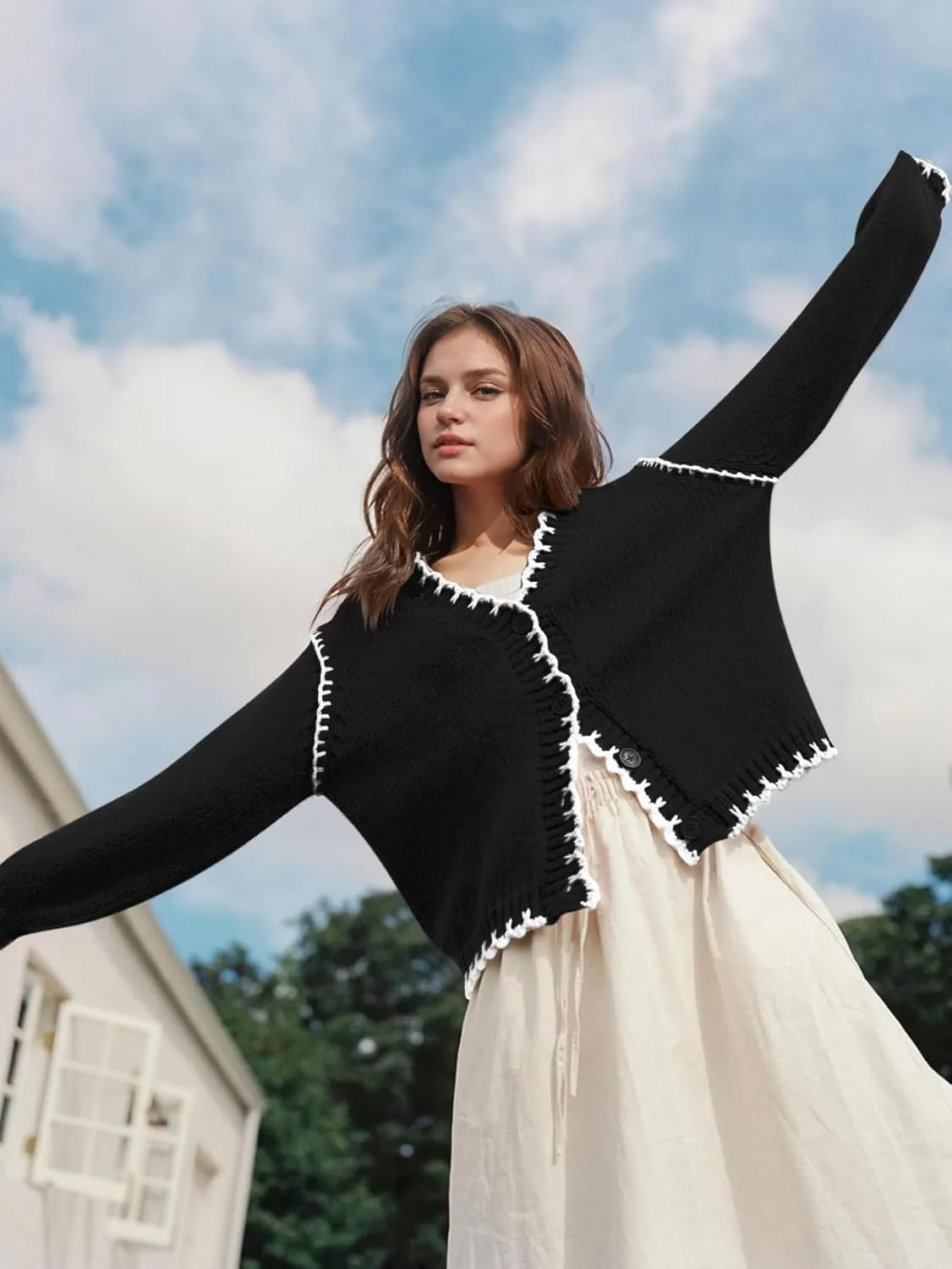 YKR Chunky Knit Cardigan for Women Open Front Contrast Trim Sweaters Button Down Long Sleeve V-Neck Outerwear Coats