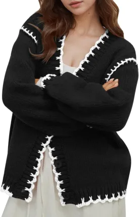 YKR Chunky Knit Cardigan for Women Open Front Contrast Trim Sweaters Button Down Long Sleeve V-Neck Outerwear Coats