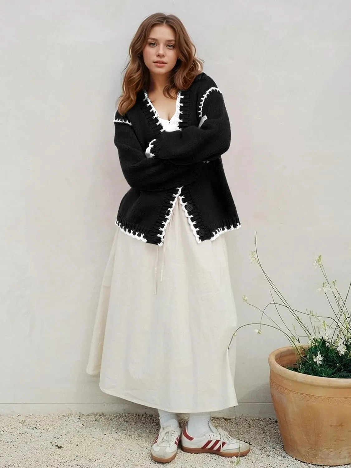 YKR Chunky Knit Cardigan for Women Open Front Contrast Trim Sweaters Button Down Long Sleeve V-Neck Outerwear Coats
