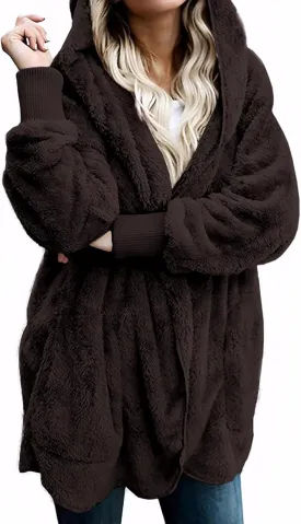 Zilcremo Women Hooded Cardigan Fuzzy Jacket Winter Open Front Fleece Coat Outwear with Pockets