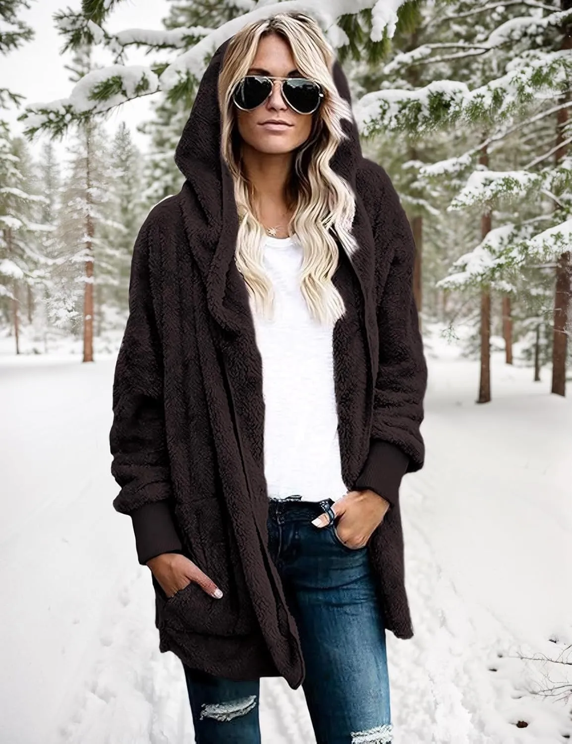 Zilcremo Women Hooded Cardigan Fuzzy Jacket Winter Open Front Fleece Coat Outwear with Pockets