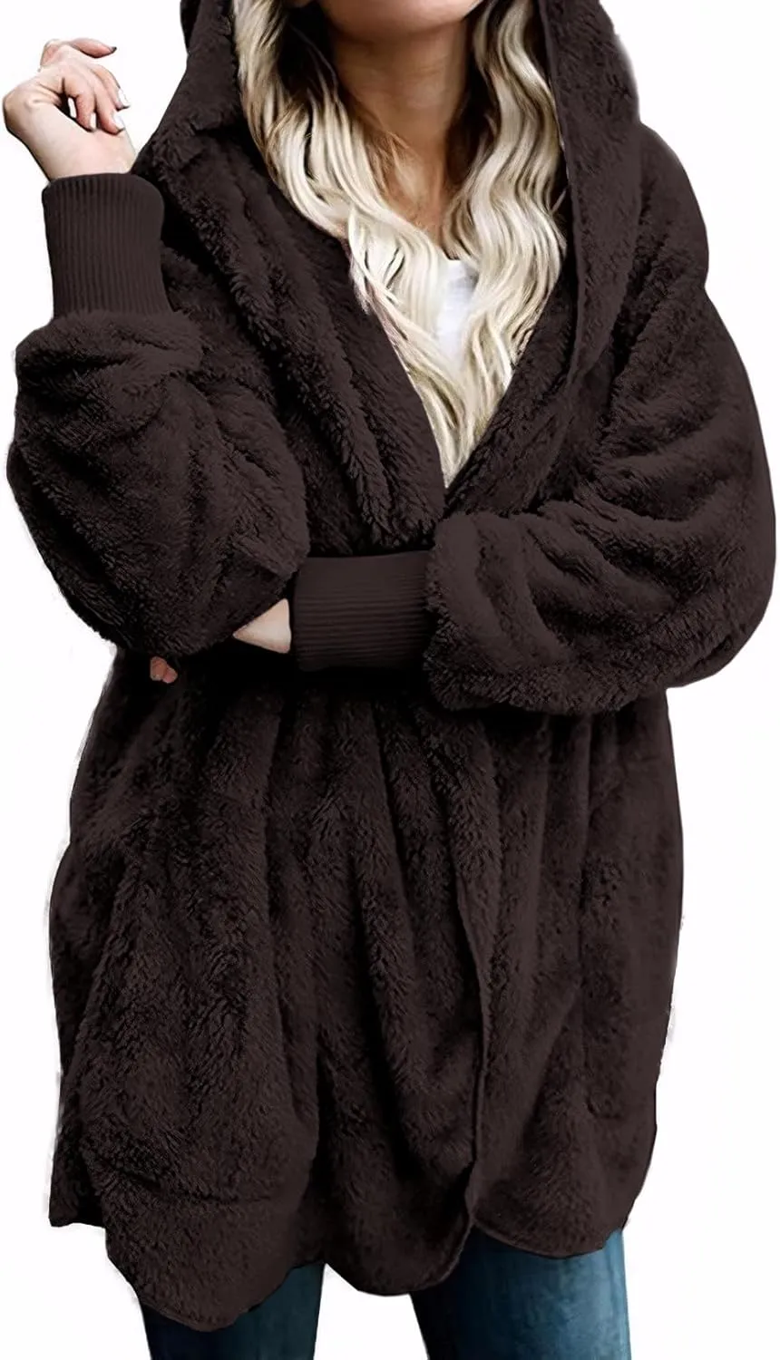 Zilcremo Women Hooded Cardigan Fuzzy Jacket Winter Open Front Fleece Coat Outwear with Pockets