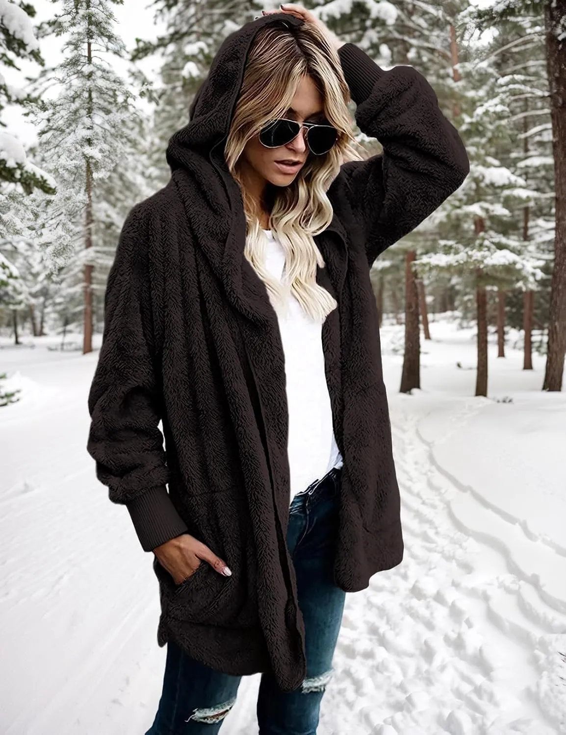 Zilcremo Women Hooded Cardigan Fuzzy Jacket Winter Open Front Fleece Coat Outwear with Pockets